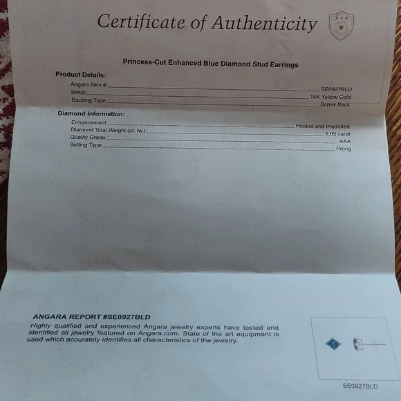 Angara 1.05 Blue Diamond Earrings W/Authenticity